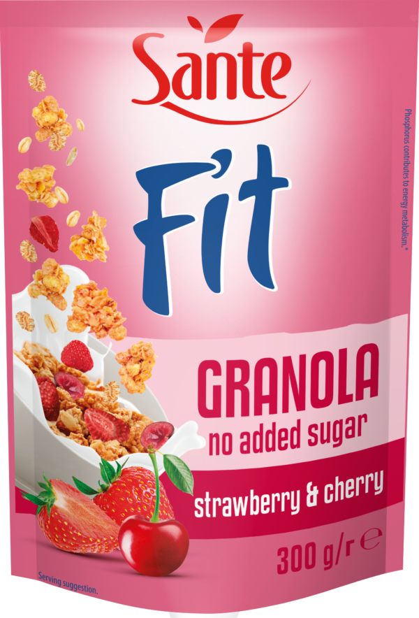 Granola be cukraus SANTE Fit su braškėmis ir avietėmis, 300 g