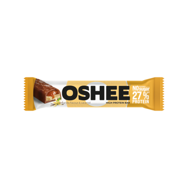 Proteino batonėlis OSHEE vanilės skonio su karamele 27% baltymų, 49 g