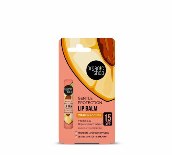 Lūpų balzamas ORGANIC SHOP SPF15 su vitaminu E ir persiko ekstraktu, 10 ml