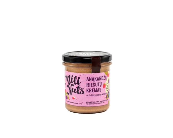 Anakardžių riešutų kremas su liofilizuotomis avietėmis Mili Nuts, 250 g