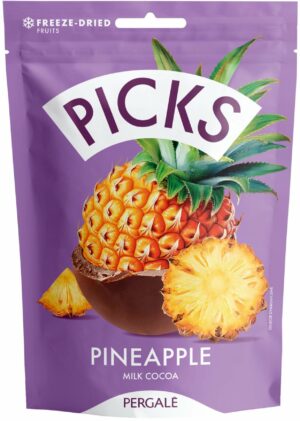 Liofilizuotų ananasų tyrės gabaliukai PICKS su pieniniu šokaladu, 90 g