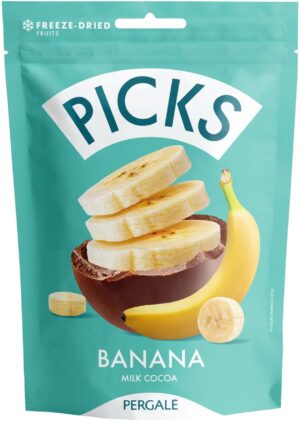 Liofilizuotų bananų tyrės gabaliukai PICKS su kakaviniu glaistu, 90 g