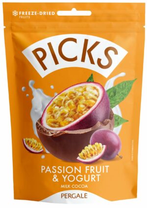 Liofilizuoti pasiflorų jogurto kubeliai PICKS su kakaviniu glaistu, 90 g