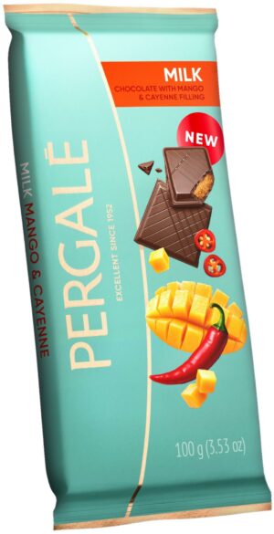 Pienininis šokoladas PERGALĖ su mangų ir kajeno pipirų idaru, 100 g